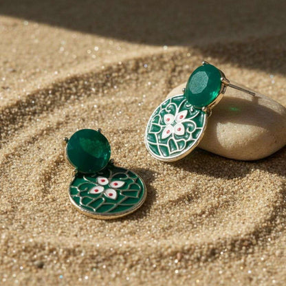 Oxidized Green Enamel Floral Stud Earrings