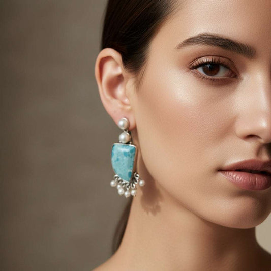 Oxidized Turquoise & Pearl Chandbali Earrings