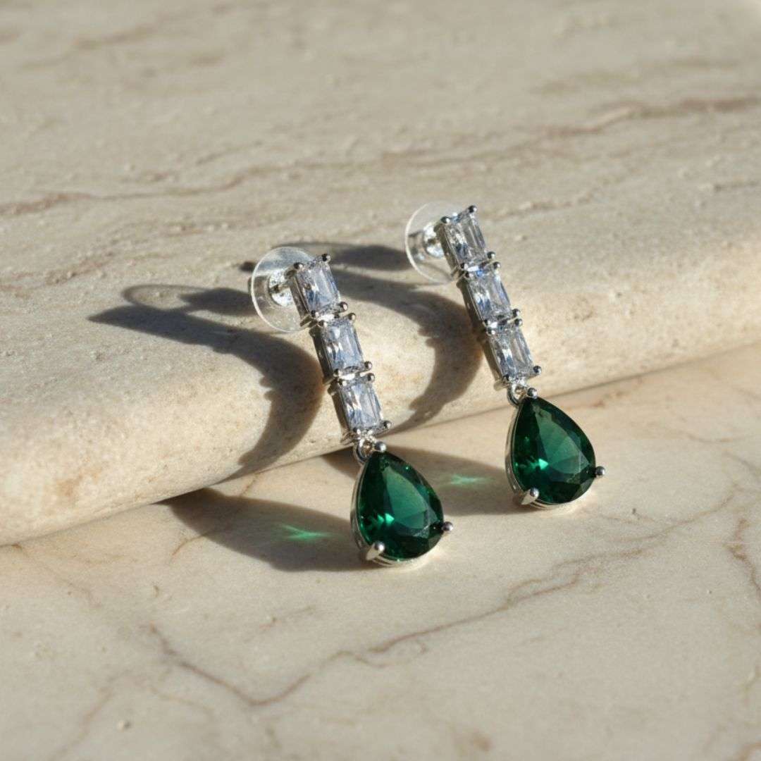 American Diamond Linear Emerald Drop Earrings