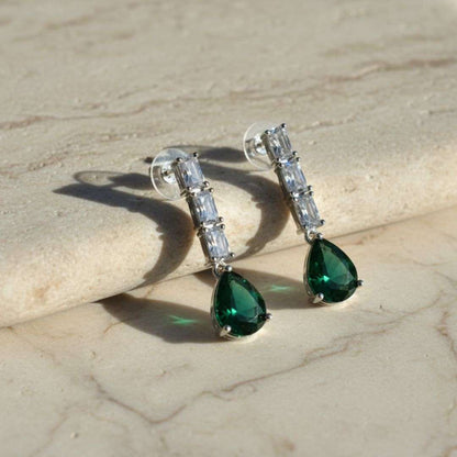 American Diamond Linear Emerald Drop Earrings