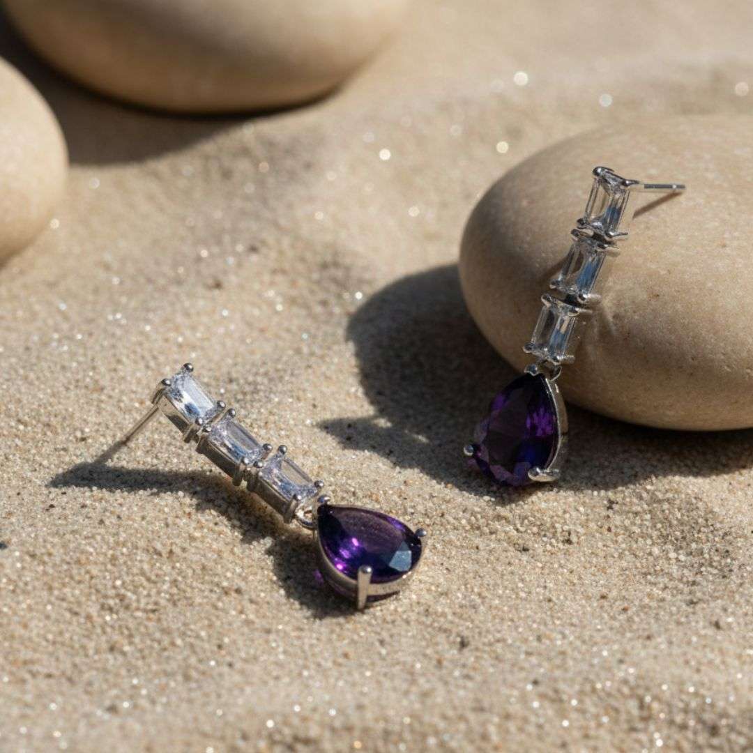 American Diamond Linear Purple Drop Earrings