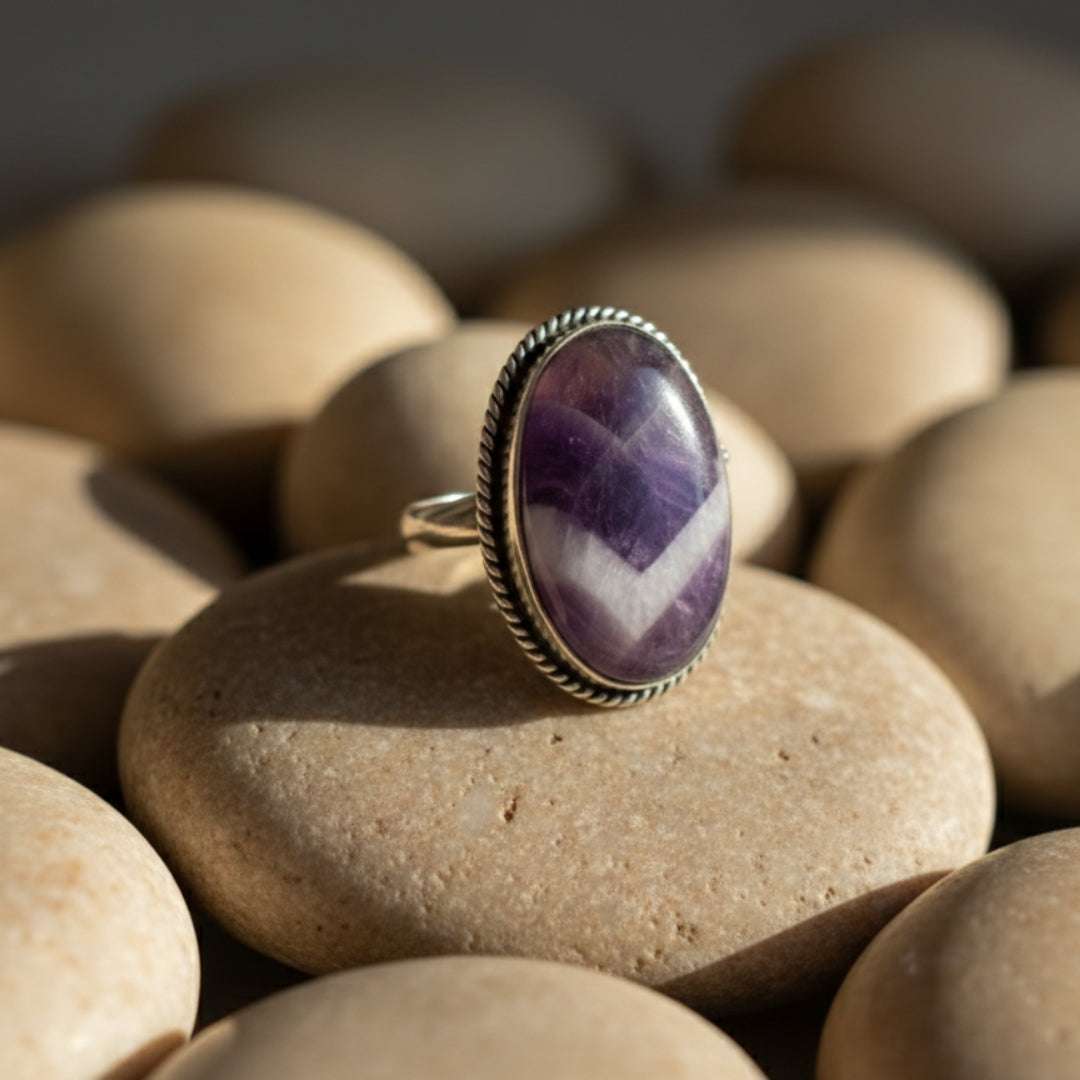 Oxidized Silver Chevron Amethyst Oval Ring