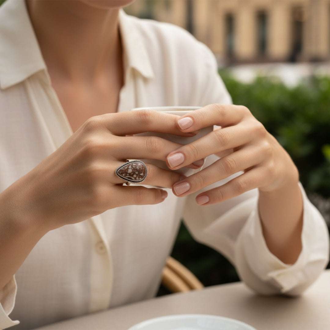 Teardrop Stone Oxidized Finger Ring – Handcrafted Vintage Style