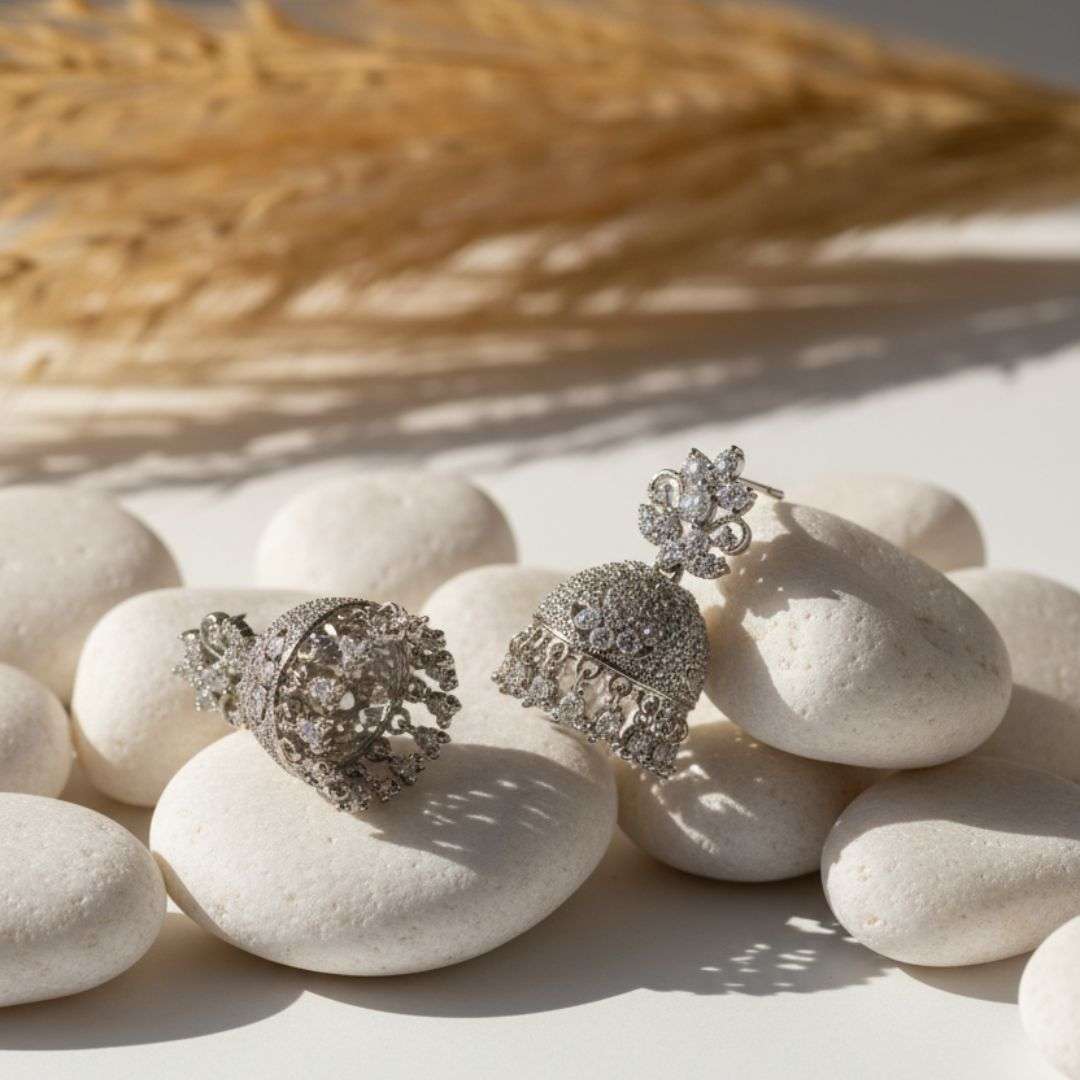 American Diamond Jhumka Earrings – Bridal Silver