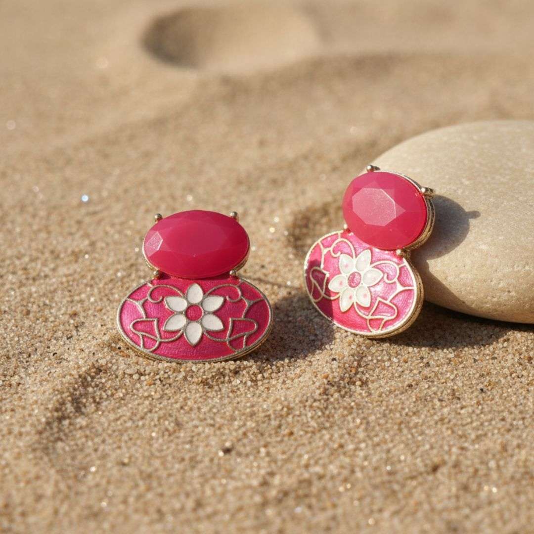 Oxidized Pink Enamel Floral Stud Earrings