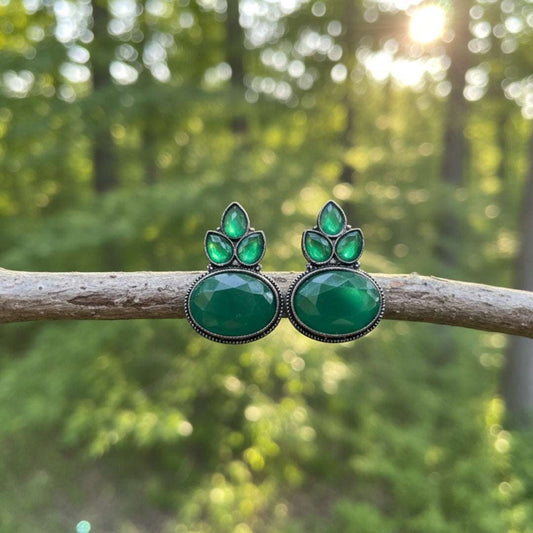 Oxidized Green Stone Oval Stud Earrings