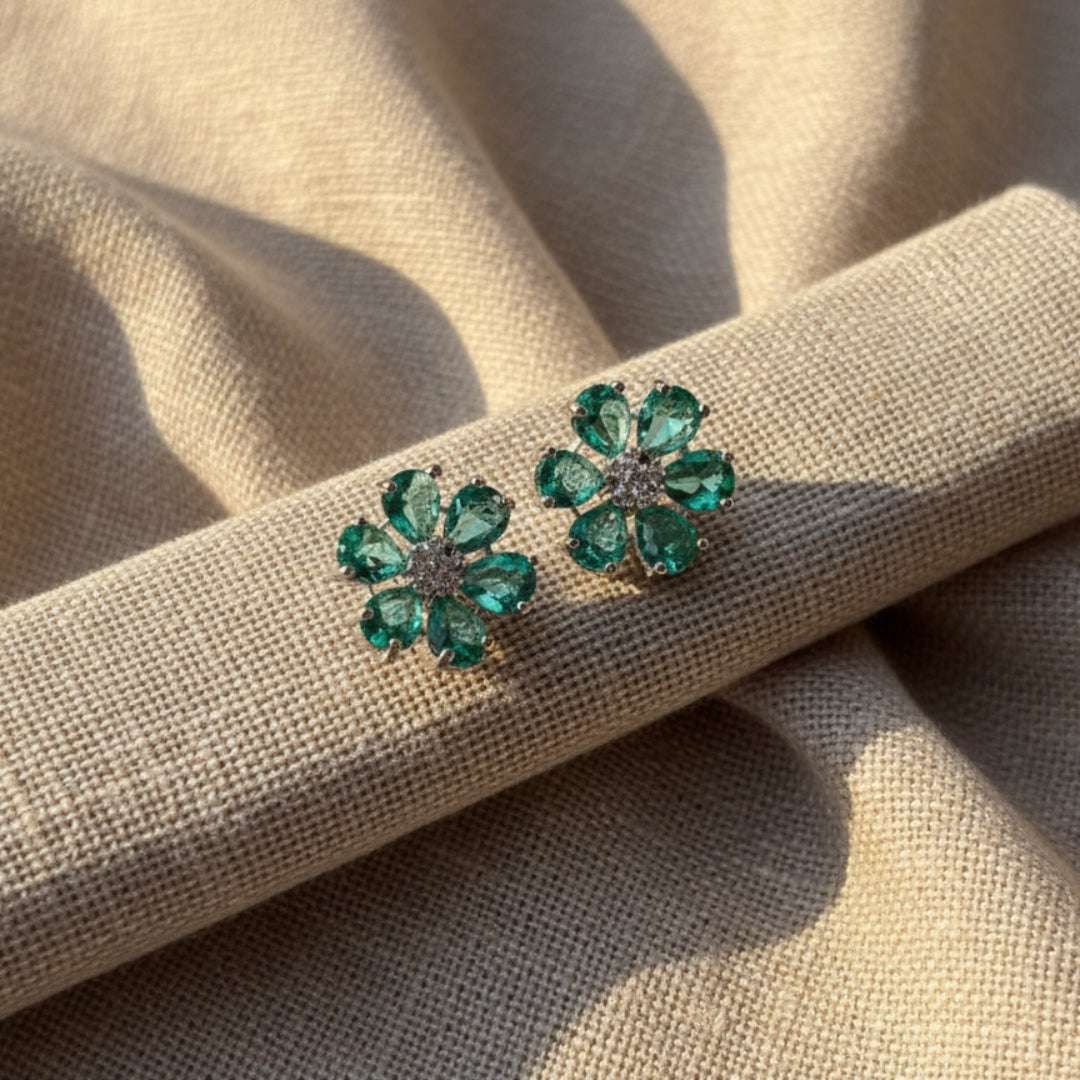 American Diamond Green Enamel Floral Earrings