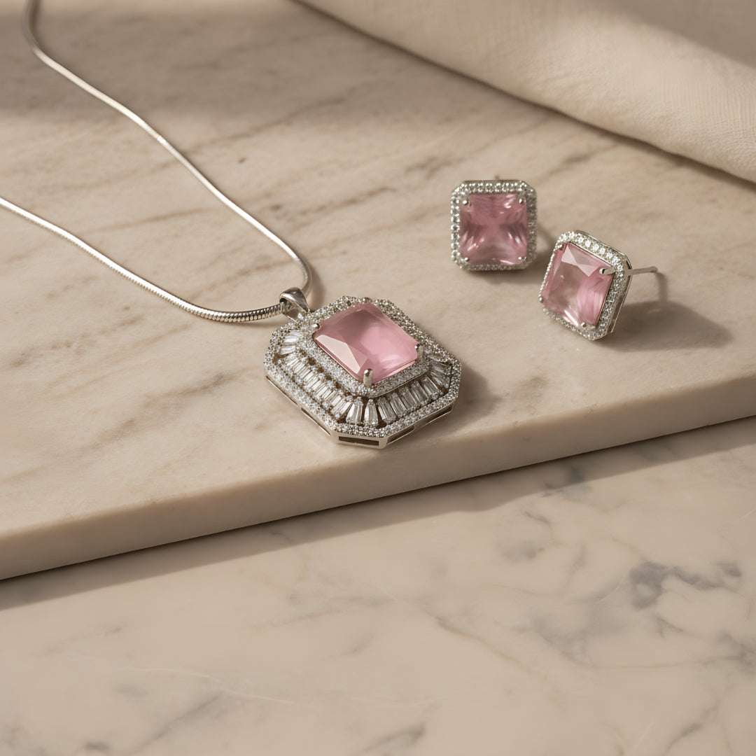 Pink Square American Diamond Necklace Set