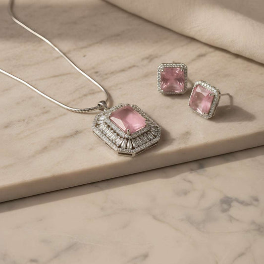 Pink Square American Diamond Necklace Set