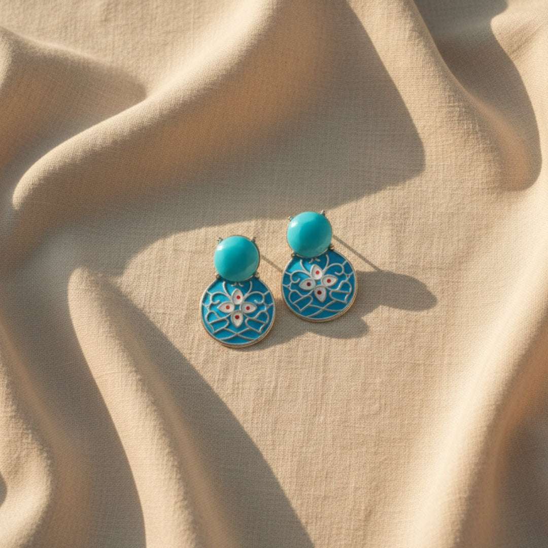 Oxidized Turquoise Blue Enamel Earrings