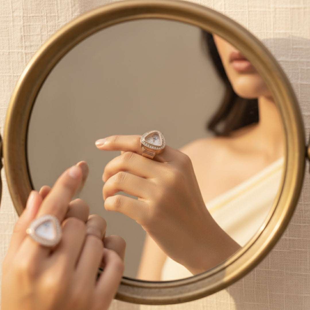 Rose Gold Finger Watch | Crystal Studded Fashion Ring
