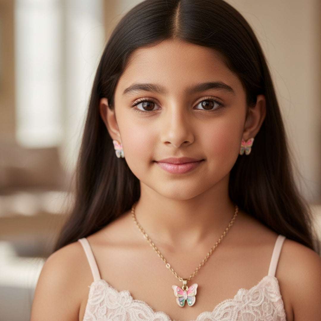 Kids Butterfly Necklace & Earring Set – Multicolor Enamel