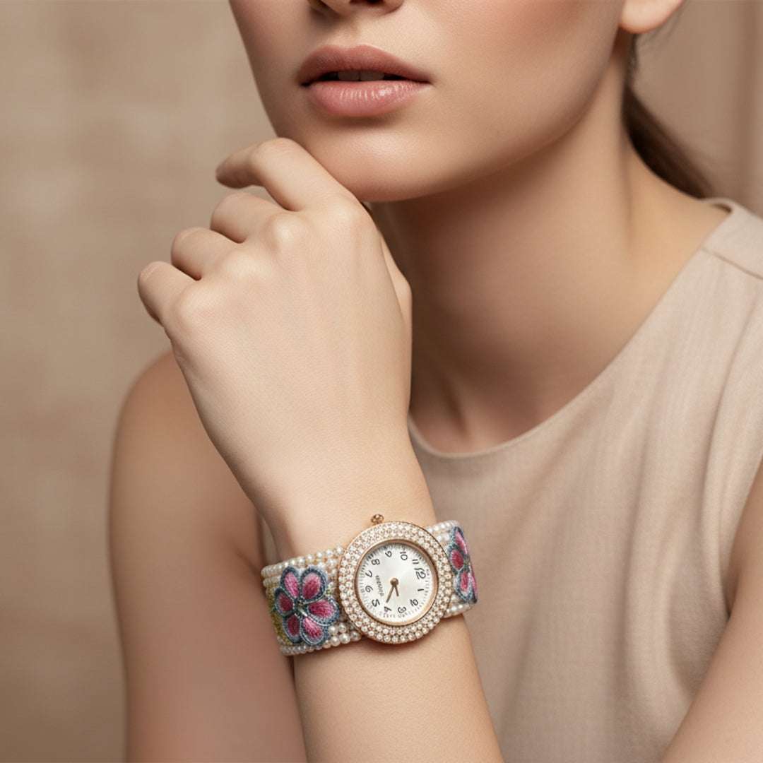 Embroidered Floral Bangle Watch – Pearl & Crystal Accents