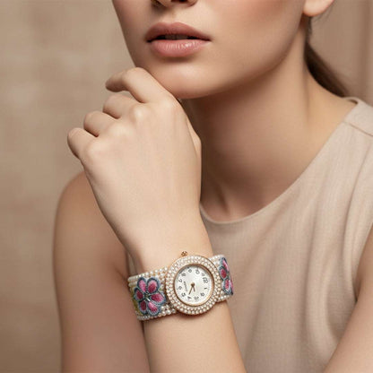 Embroidered Floral Bangle Watch – Pearl & Crystal Accents