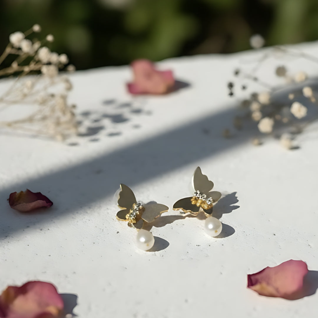 Gold Butterfly Pearl Drop Earrings