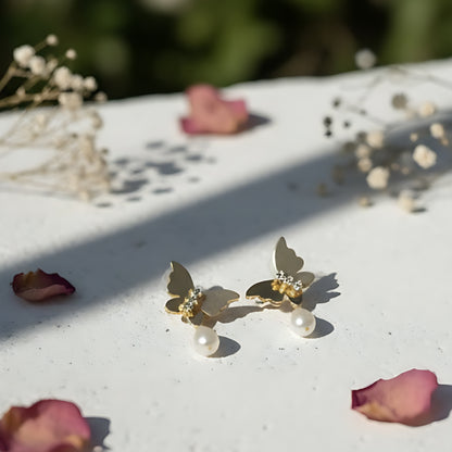 Gold Butterfly Pearl Drop Earrings