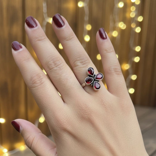 Vintage Style Oxidized Silver Ring with Ruby-Red Stones