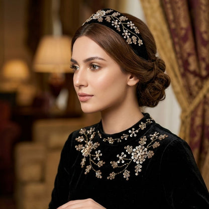 Handmade Premium Velvet Hairband with Floral Sequin & Bead Embellishment