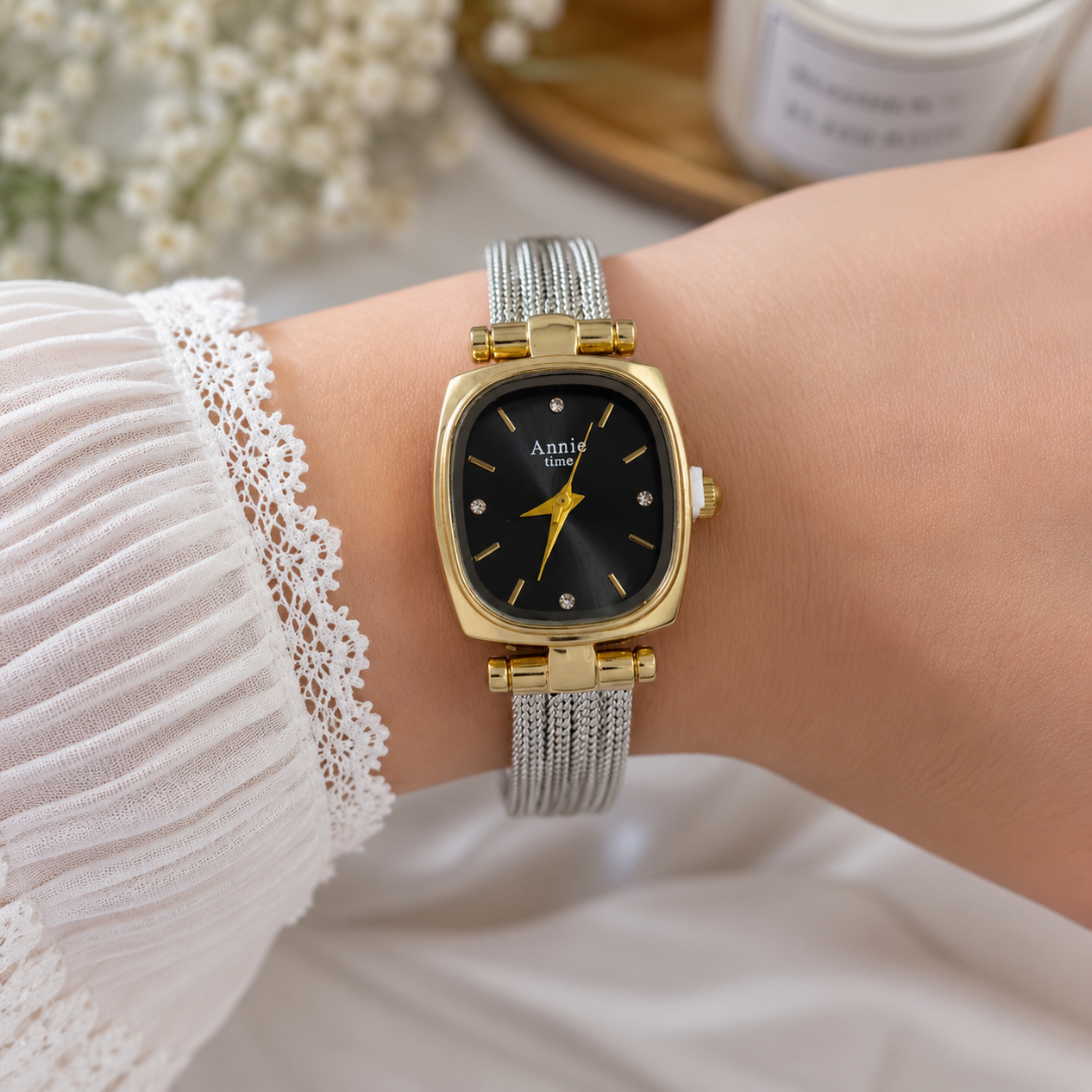 Annie Prestige Square Dial Two-Tone Mesh Watch – 18KT Gold-Plated Stainless Steel Watch for Women