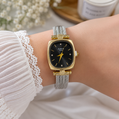 Annie Prestige Square Dial Two-Tone Mesh Watch – 18KT Gold-Plated Stainless Steel Watch for Women