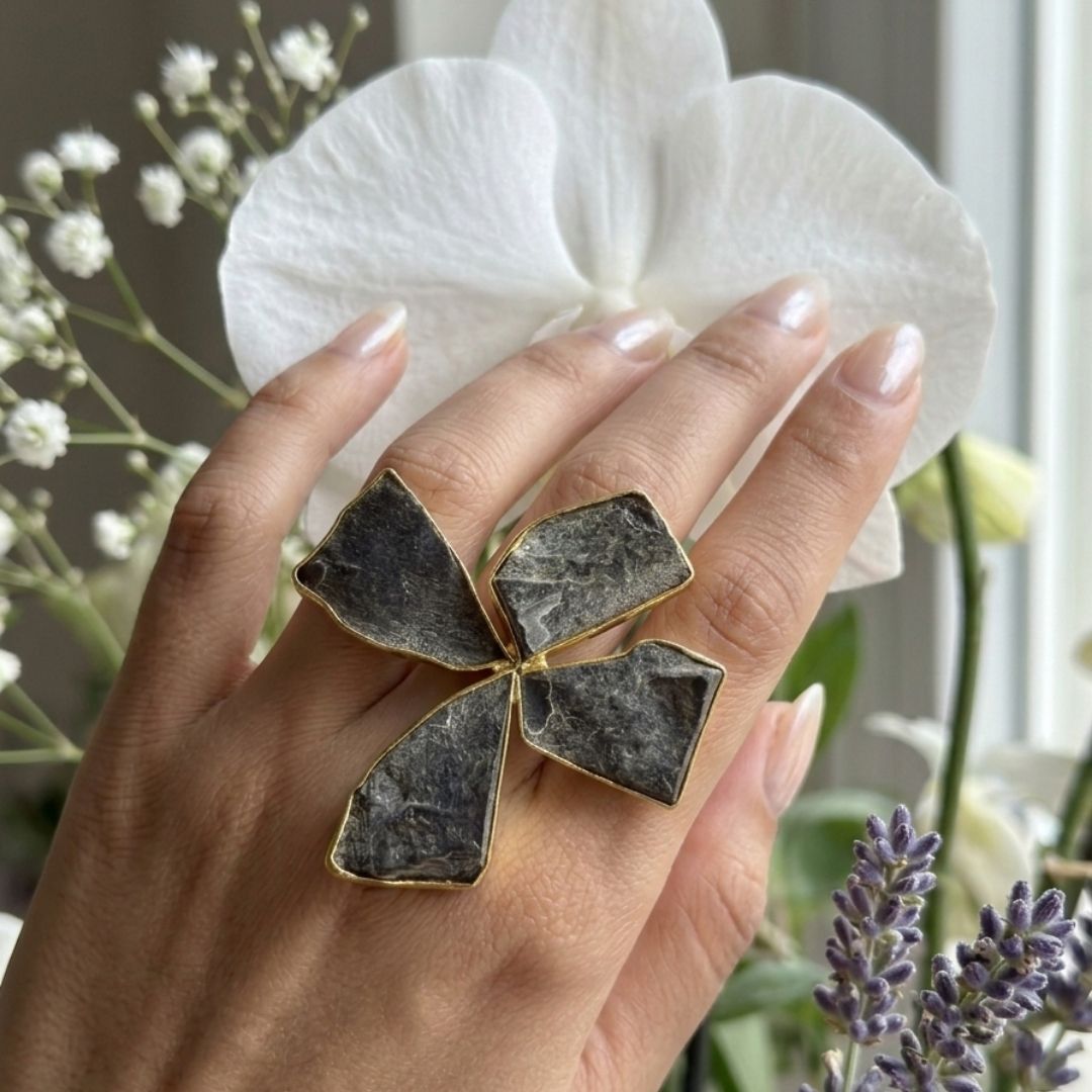 Midnight Slate Petal Ring in Gold Vermeil