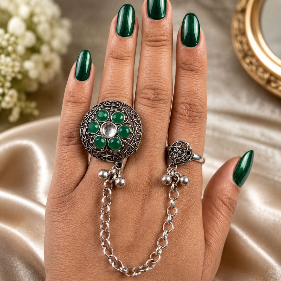 Oxidized German Silver Kashmiri-Style Green Stone Floral Chain Hand Harness Ring