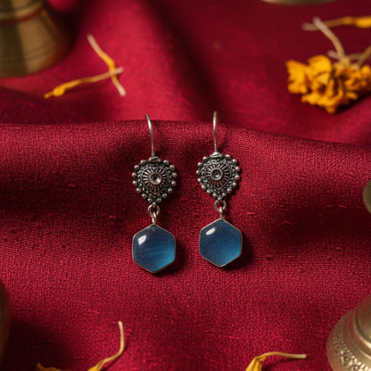 Oxidised Silver Drop Earrings with Blue Stone Accent