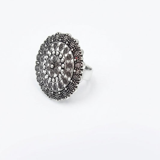 Oxidized German Silver Intricate Mandala Statement Ring