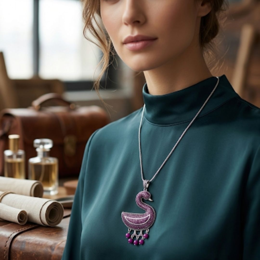 Oxidized Swan Pendant Necklace with Diamond-Look Stones & Hanging Pearl Drops