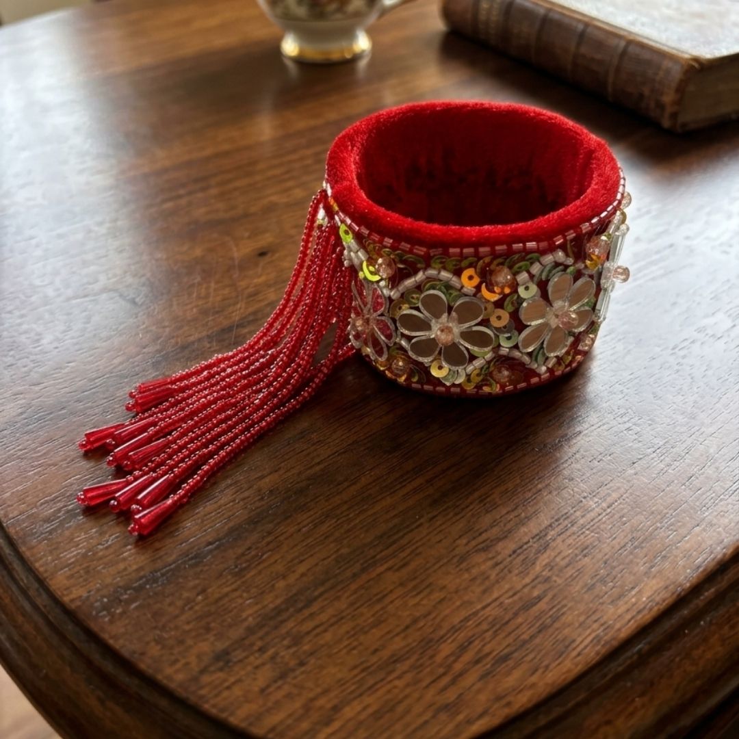 Handmade Red Beaded Floral Cuff Bracelet with Tassel Fringe