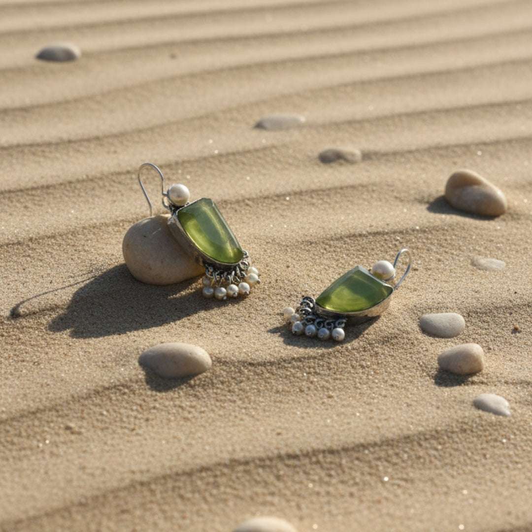 Oxidized Light Green Stone & Pearl Danglers