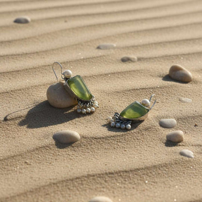 Oxidized Light Green Stone & Pearl Danglers