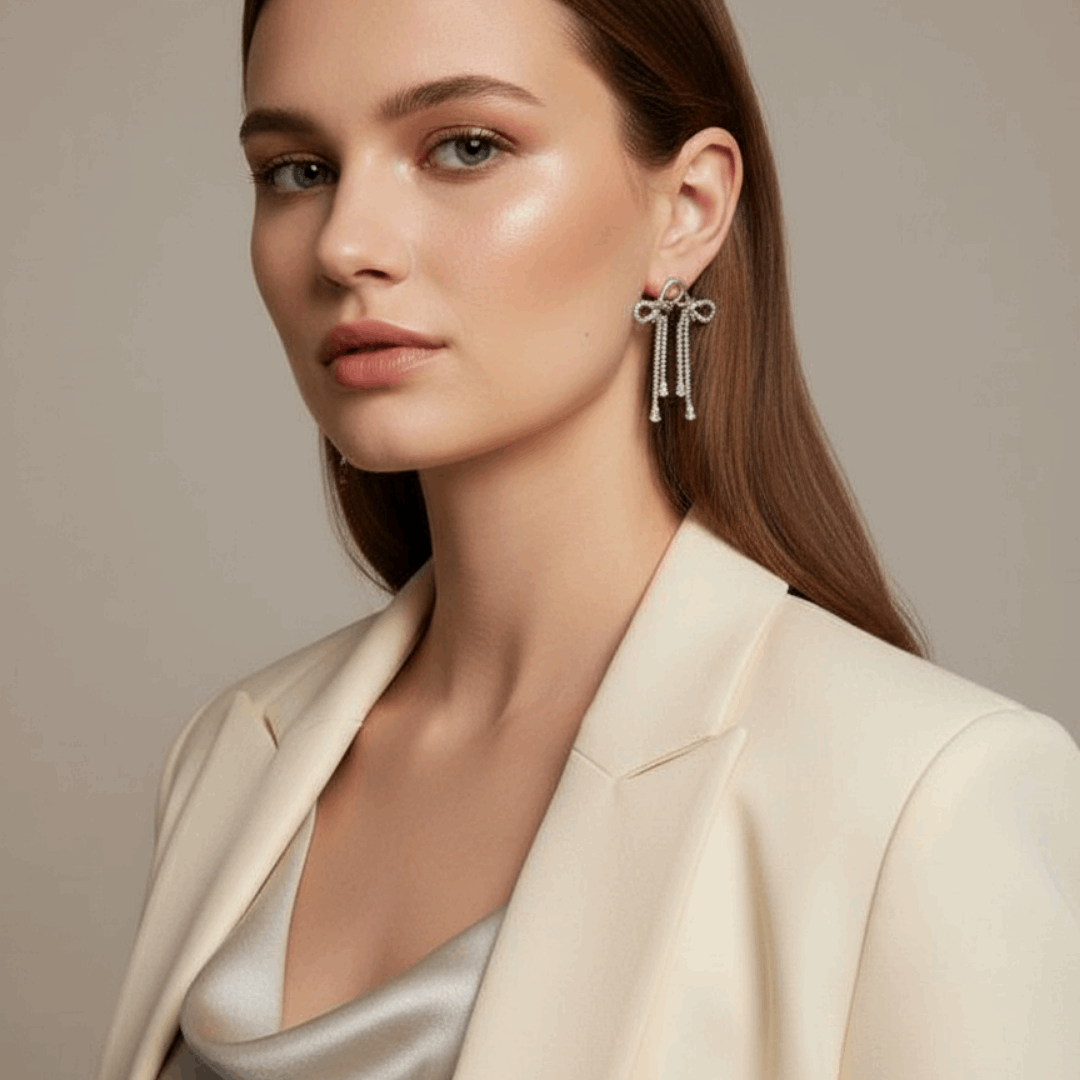 Silver Bow Dangle CZ Earrings