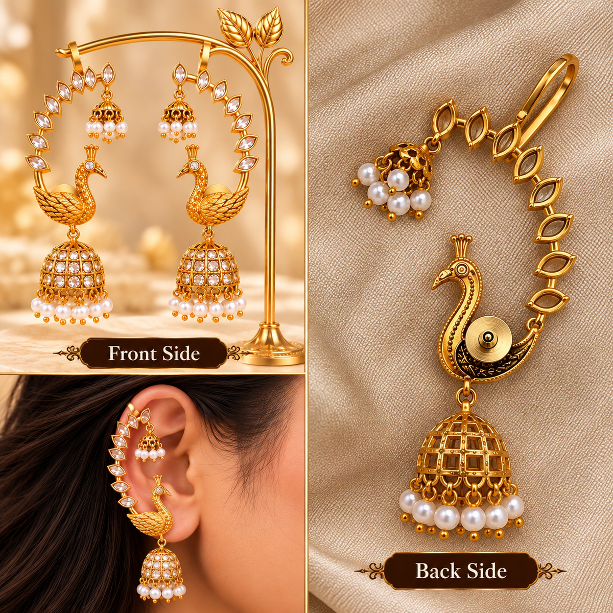 Peacock Motif White Kemp Stone Earcuff
