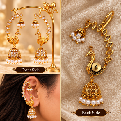 Peacock Motif White Kemp Stone Earcuff