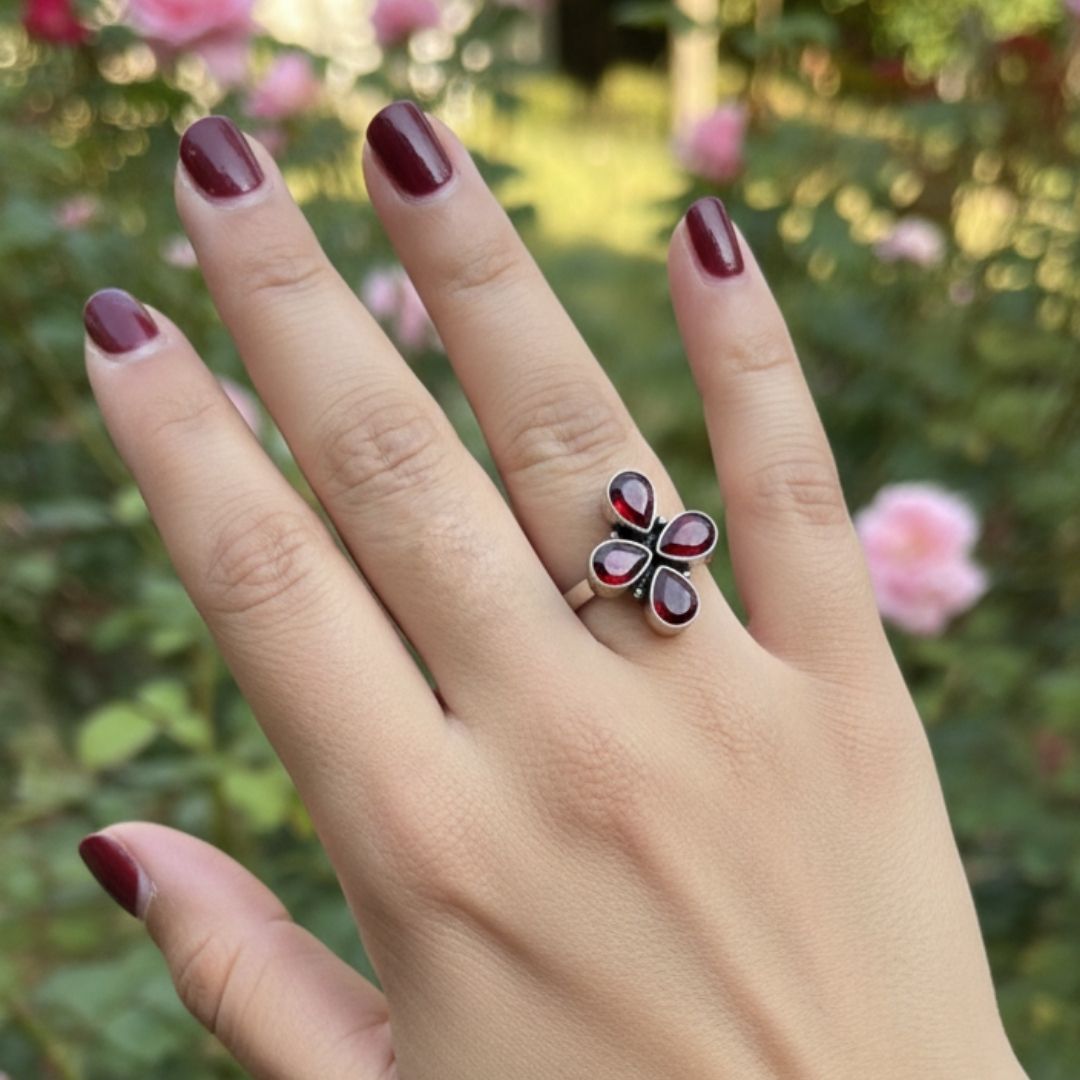 Vintage Style Oxidized Silver Ring with Ruby-Red Stones