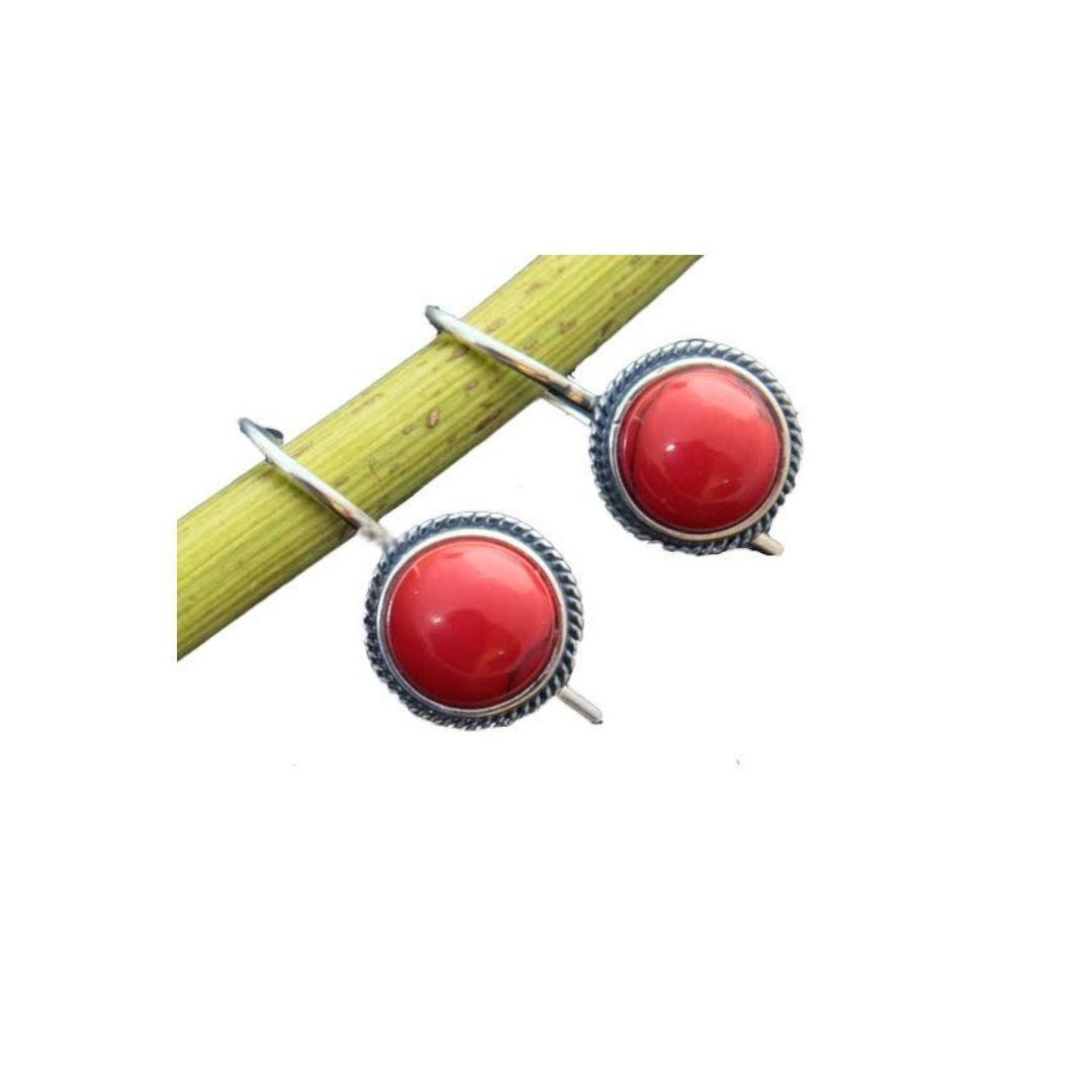 Red Round Stone Silver-Tone Dangle Earrings
