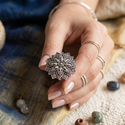 Oxidized German Silver Floral Mandala Statement Ring