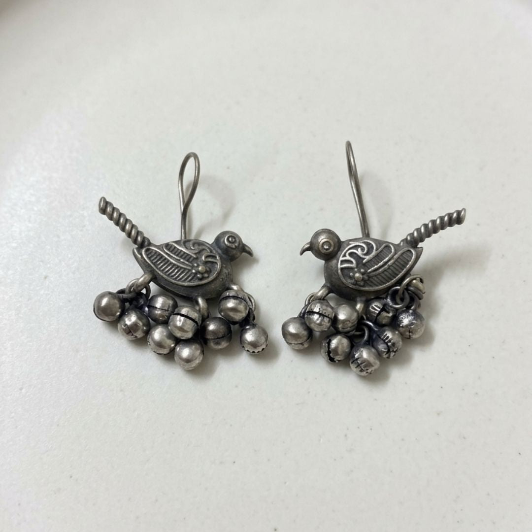 German Silver Bird Ghungroo Earrings | Oxidized Tribal Bird Earrings for Women