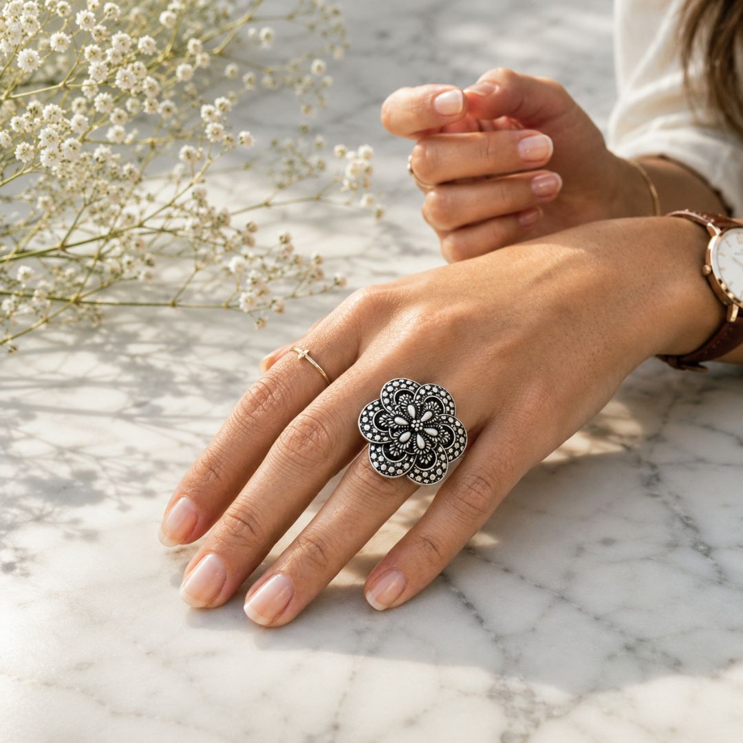 Oxidized German Silver Floral Mandala Statement Ring