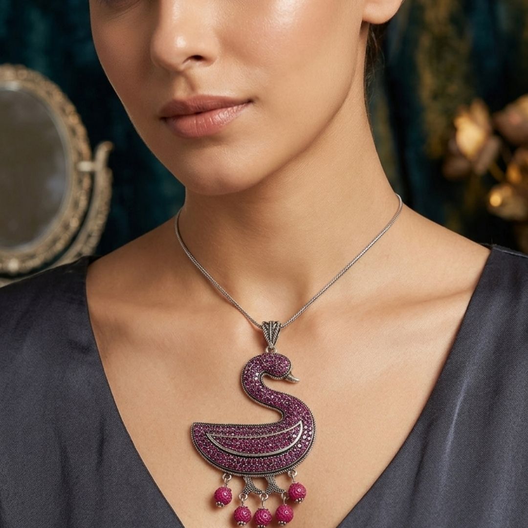 Oxidized Swan Pendant Necklace with Diamond-Look Stones & Hanging Pearl Drops
