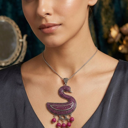 Oxidized Swan Pendant Necklace with Diamond-Look Stones & Hanging Pearl Drops