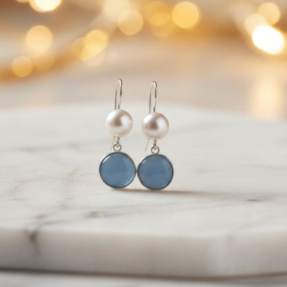 Pearl & Blue Stone Silver Drop Earrings