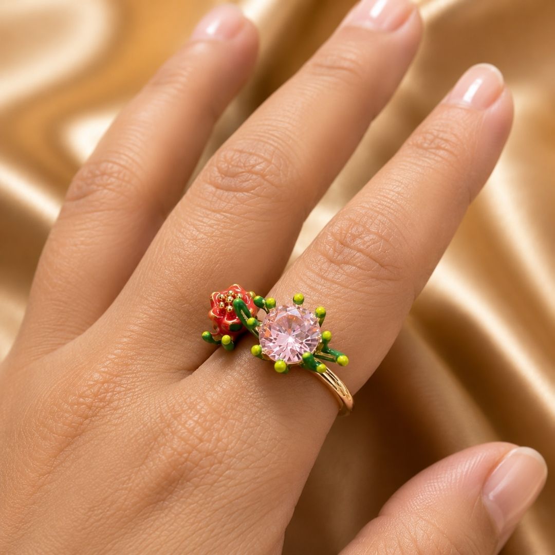 Blooming Floral Open Ring with Pink Oval Crystal