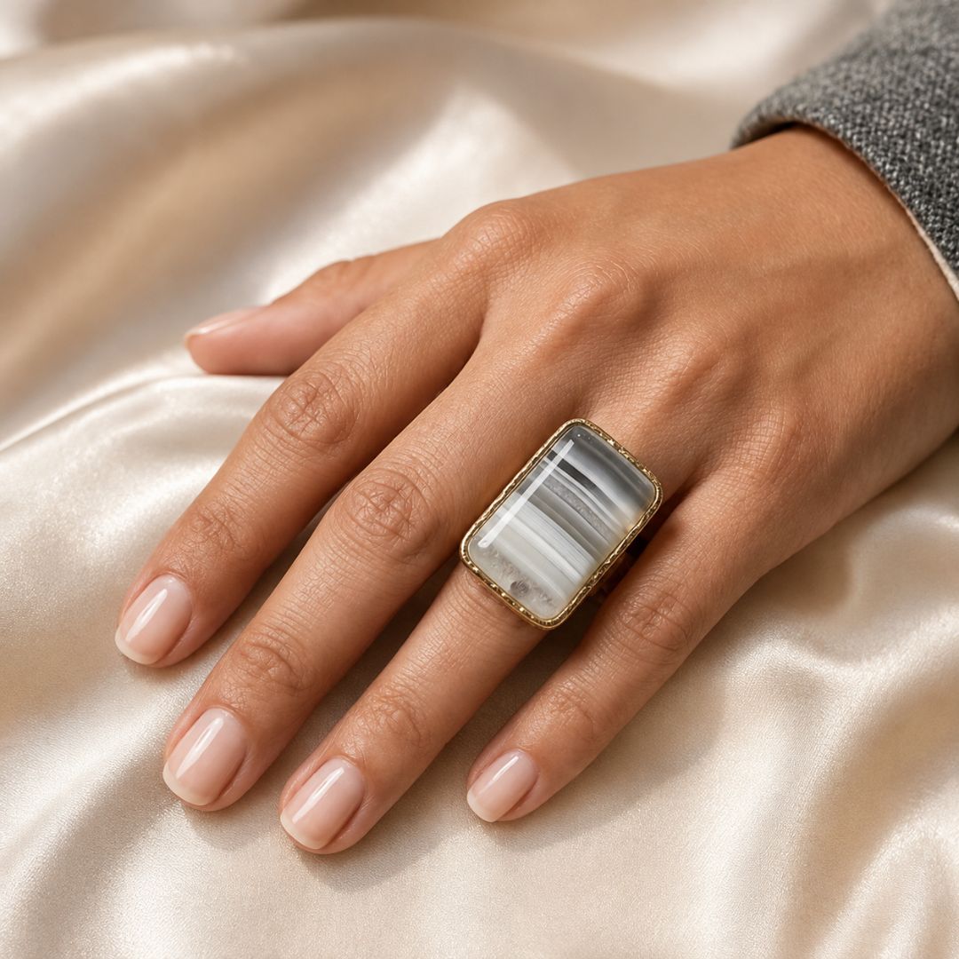 Rectangular Banded Agate Ring – Minimalist Statement Stone Ring