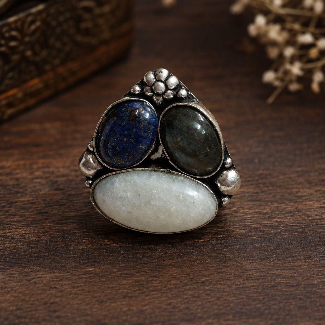 Sterling Oxidised Silver Statement Ring with Lapis Lazuli, Labradorite & White Gemstone
