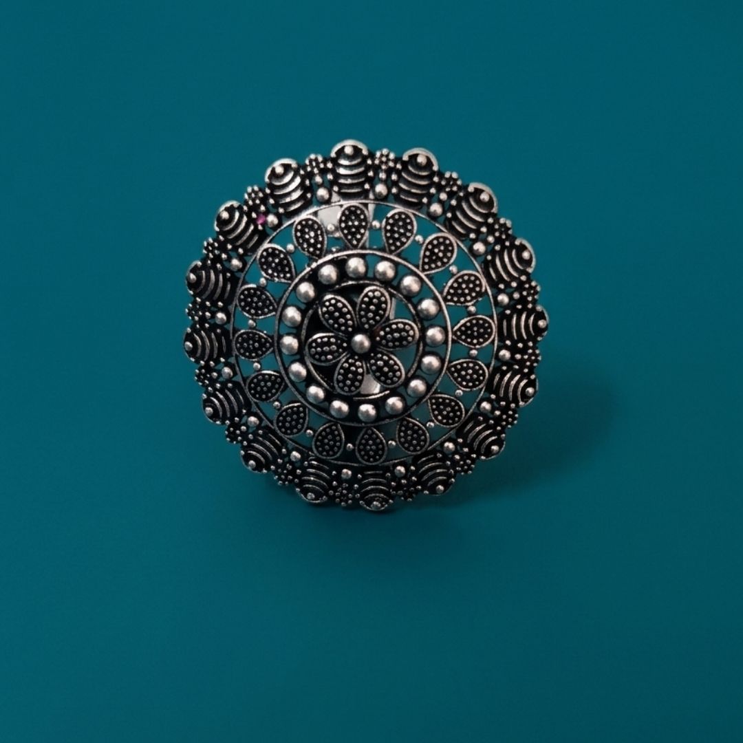 Oxidized German Silver Intricate Mandala Statement Ring