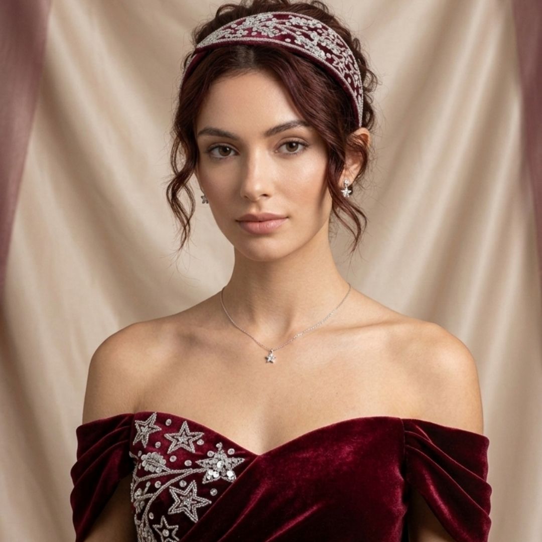 Handmade Premium Velvet Embellished Hairband – Burgundy Sequin Star Design