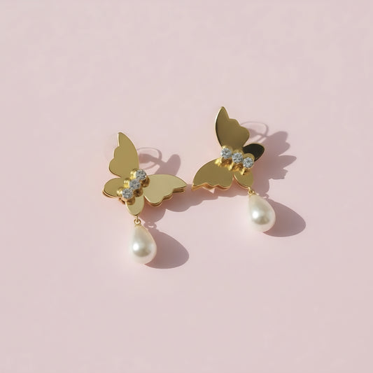Gold Butterfly Pearl Drop Earrings