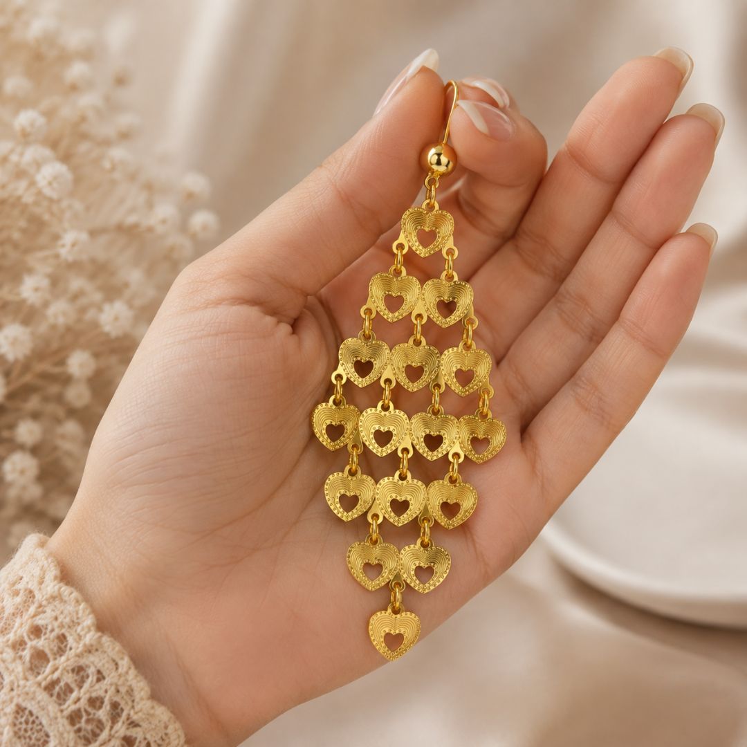 Golden Heart Cascade Drop Earrings